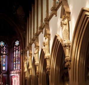 What's On, Manchester Monastery tour showing the statues of saintsthe restored statues of saints at Manchester Monastery