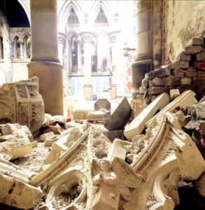 Our story, fallen stonework at Manchester Monastery before it was restored