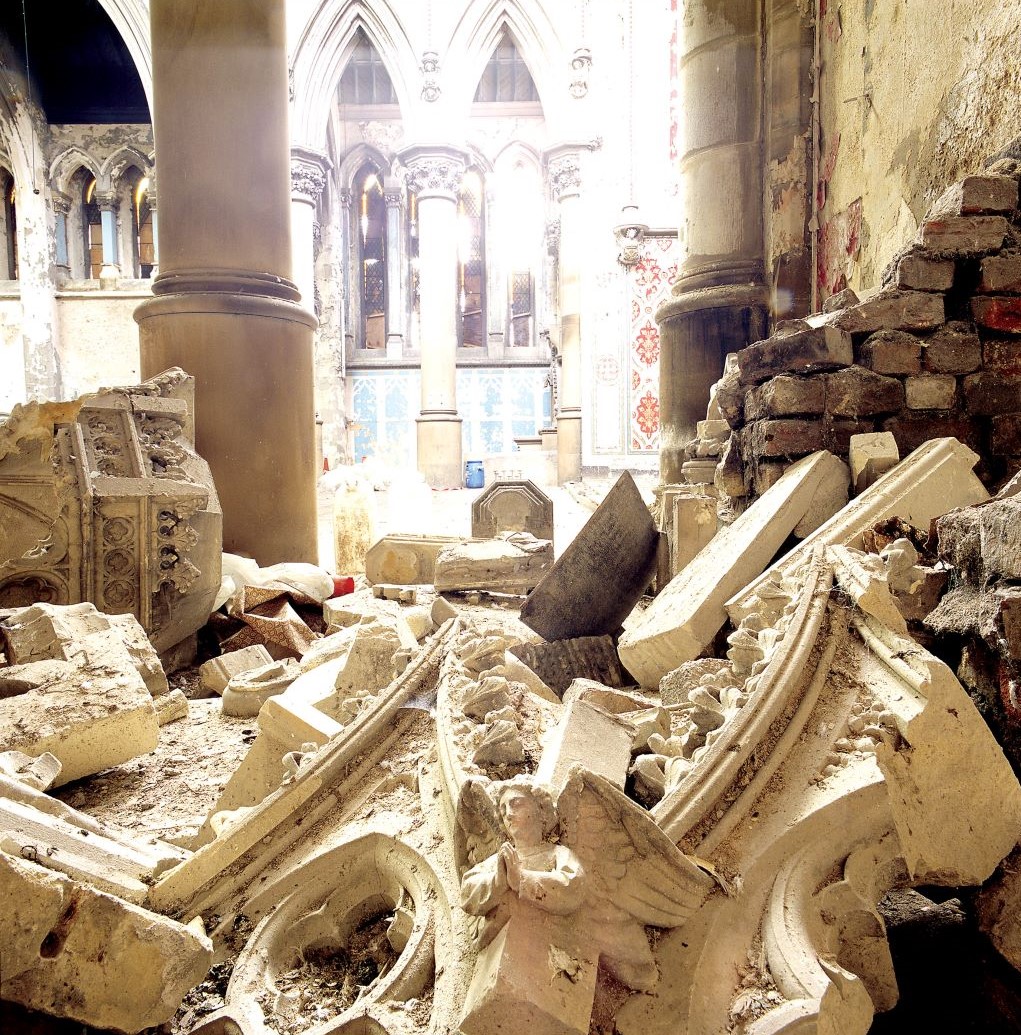 Fallen rubble in the church before its restoration